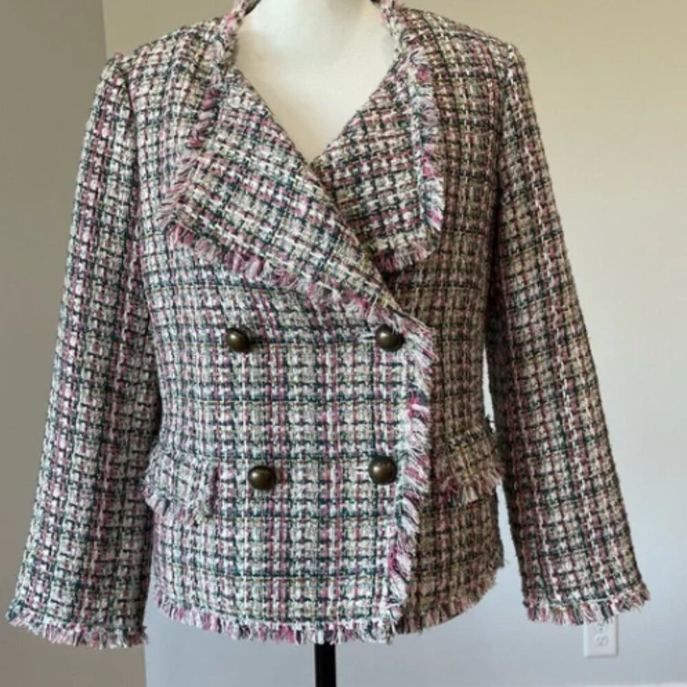Ann Taylor Pink and Green Blazer with Frayed Edges